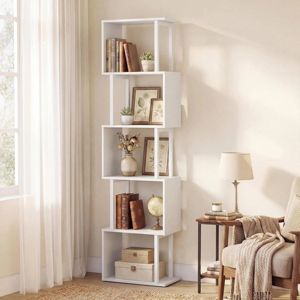 Libreria a 5 Livelli in Legno, Scaffale Espositore Geometrico con Struttura in Metallo, Mobile Portaoggetti Salvaspazio per Camera da Letto Soggiorno Ufficio, 38x23x147 cm (Bianco)