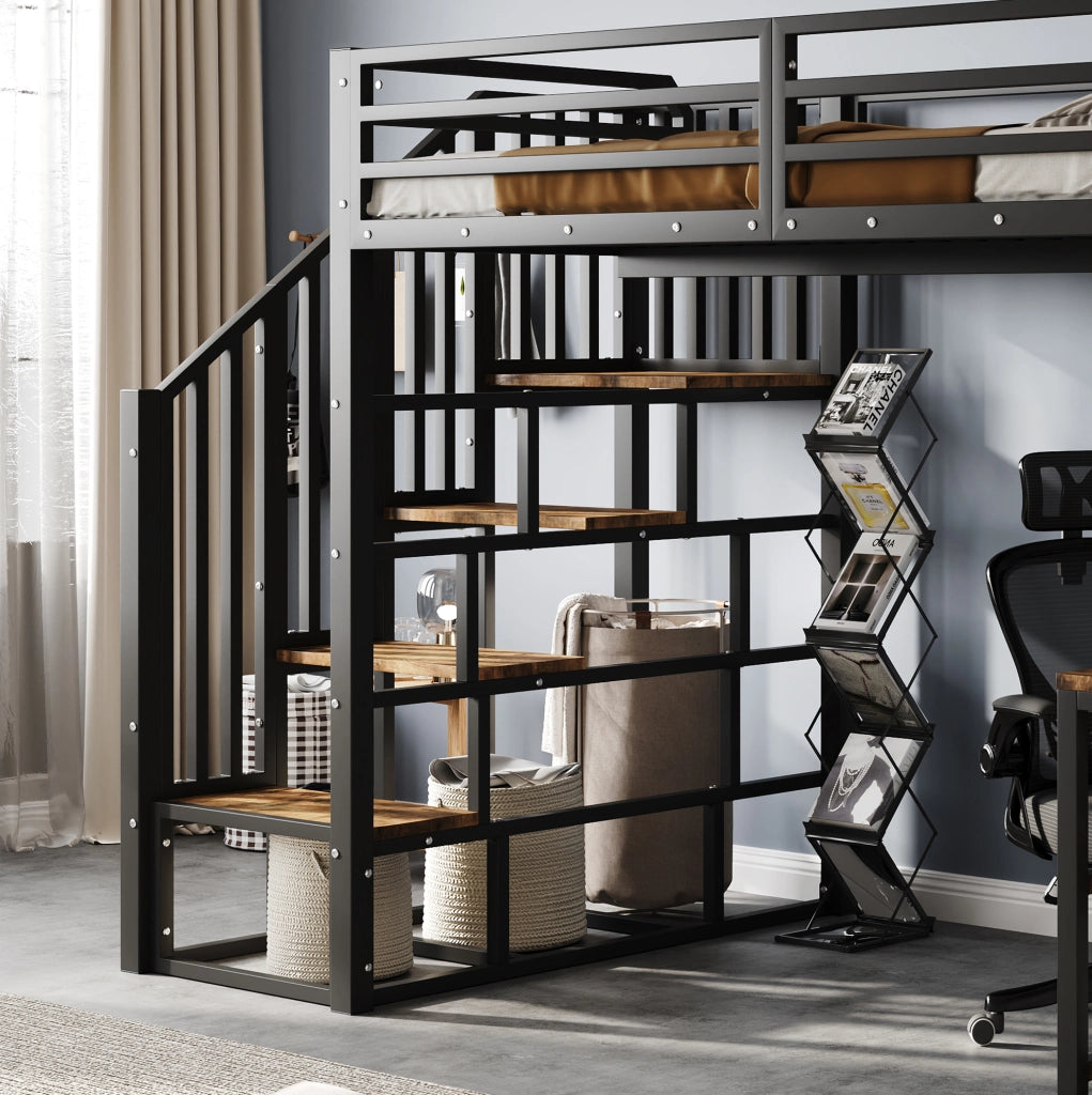 Letto a soppalco ULEVR 120x200 cm con scrivania, scaffale e scale con corrimano, nero e noce scuro