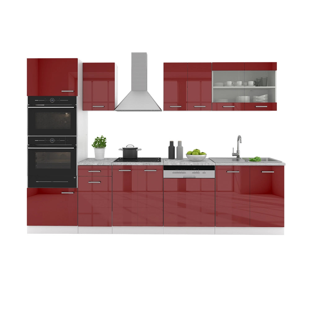 Vicco Cucina componibile Rosso lucido/bianco 300 cm con armadio alto, PL Rovere