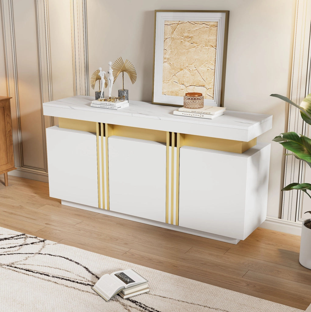 Credenza moderna bianca 140 x 38 x 70 cm con 3 ante e vani regolabili