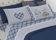 Completo Lenzuola Flanella Pensieri Delicati 100% Cotone Disegno Chalet - Singolo - Blu