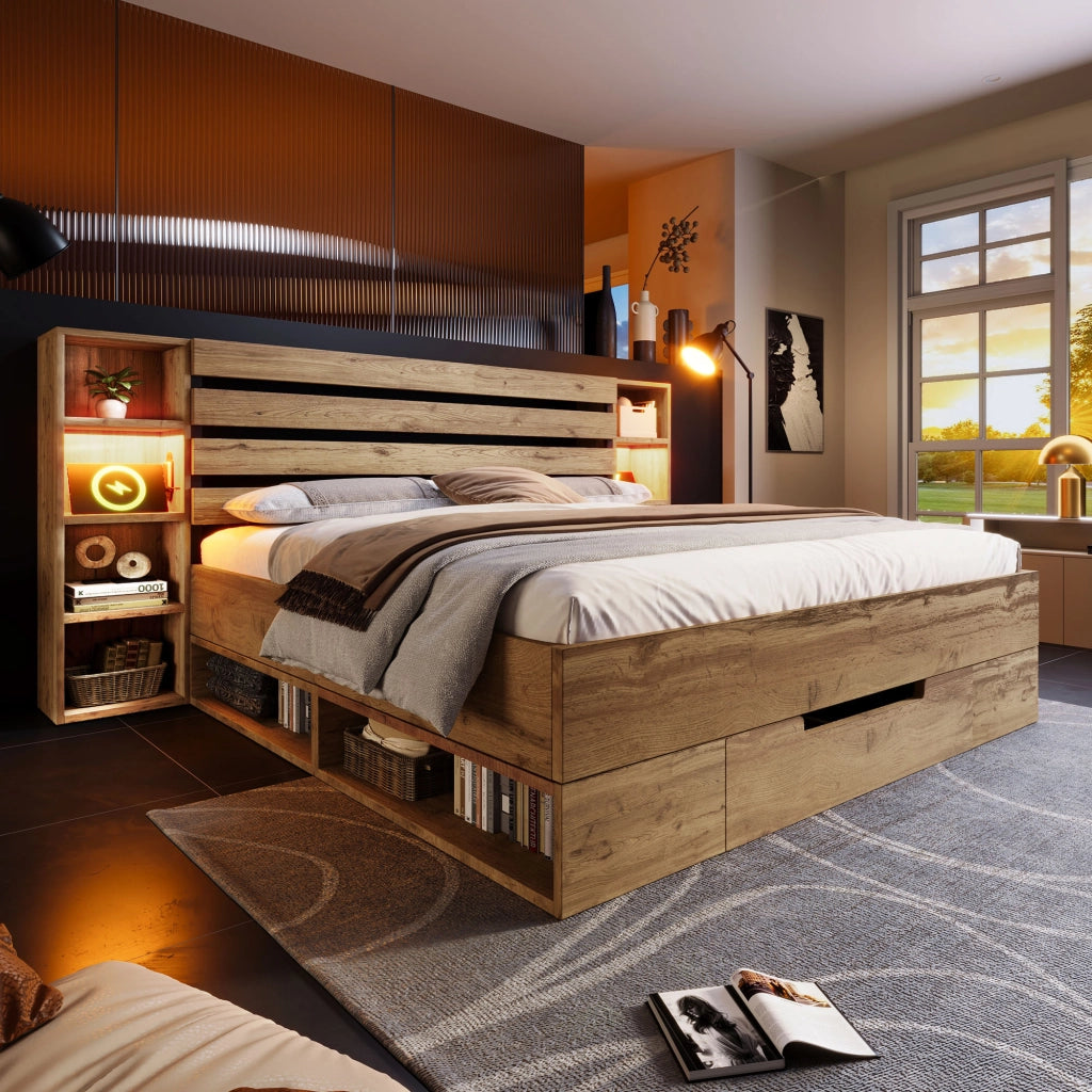 LETTO Matrimoniale 160x200 cm con LED USB e cassetti in legno e metallo rovere