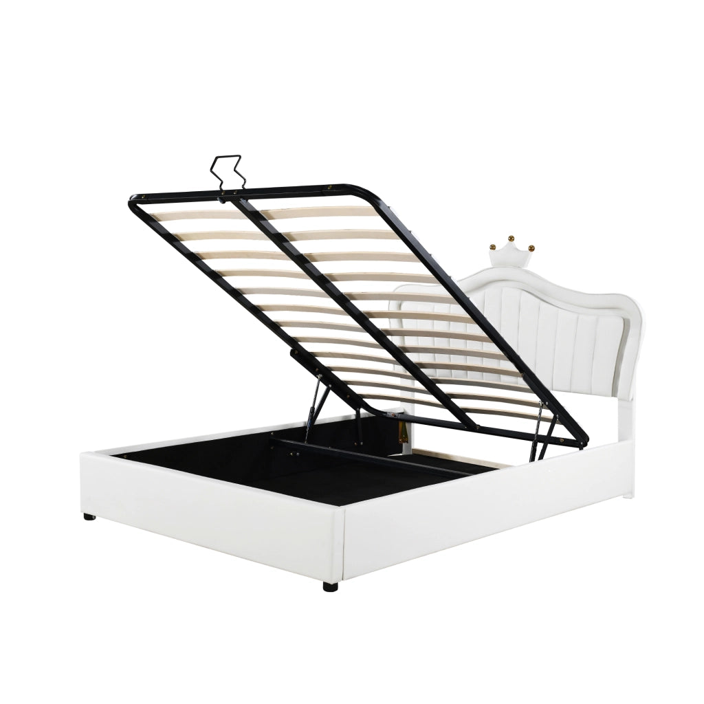 OKWISH Letto Bambini 140×200 cm, Letto Singolo con Contenitore Idraulico, LED Multicolore e Testiera Regolabile, senza Materasso, PU Bianco