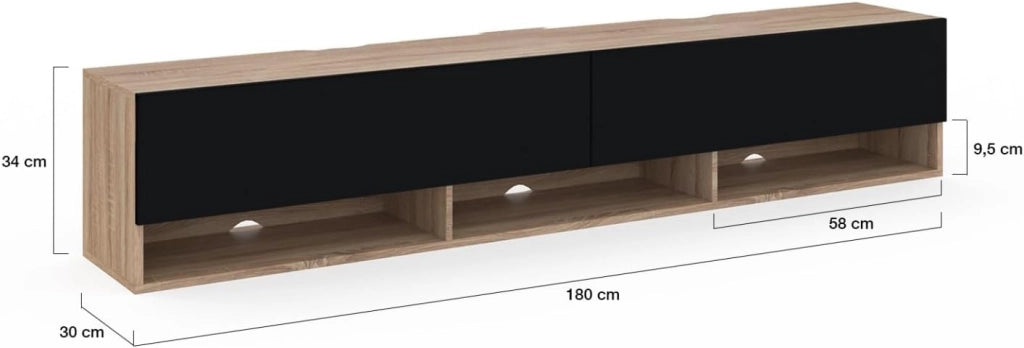 Mueble TV suspendido ELIO con estante de 2 puertas en madera y negro 180 cm