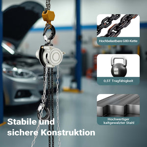 Paranco a catena manuale V21-0,5, capacità di carico 500 kg, altezza di sollevamento 3 m, leggero e compatto, per impieghi gravosi