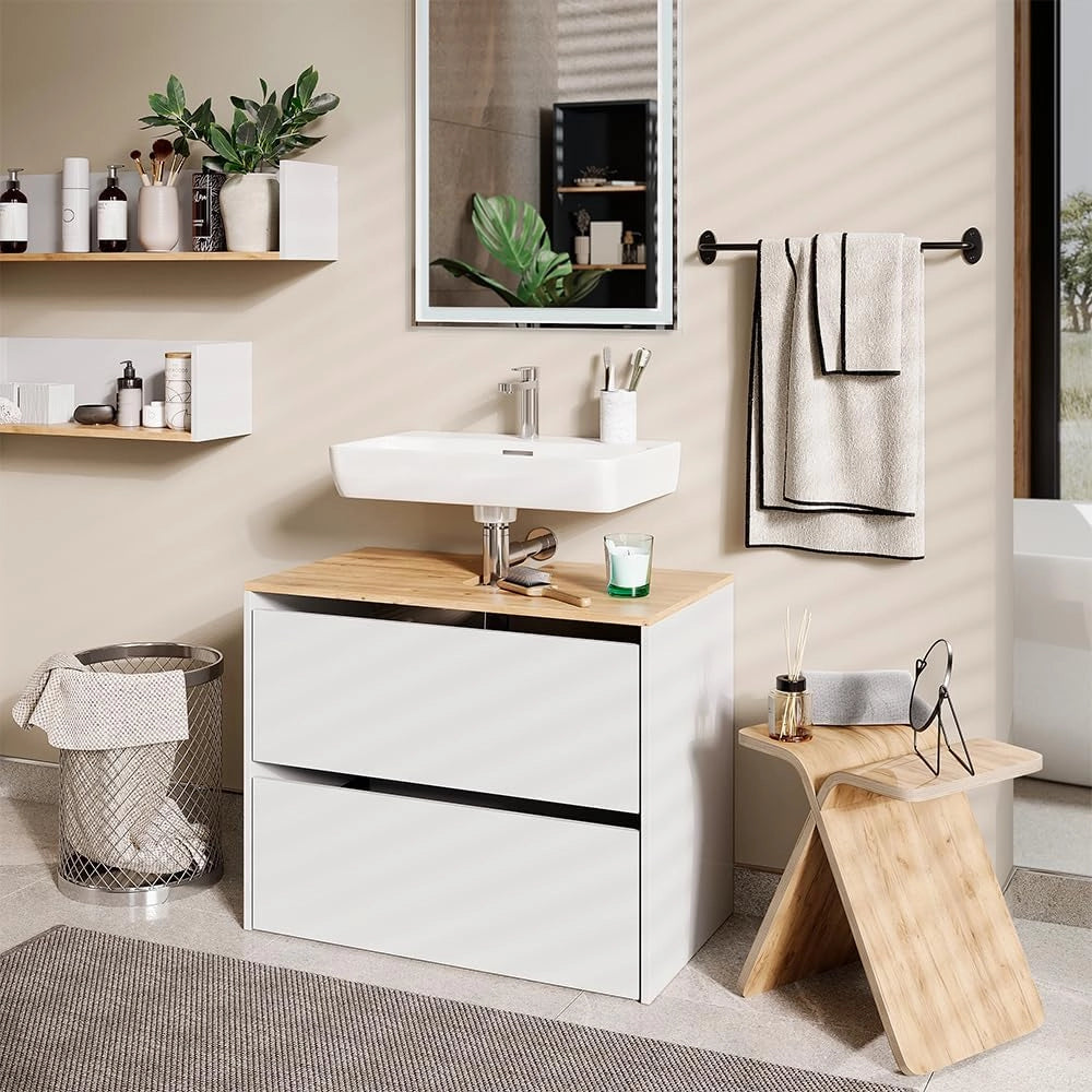 Mobile sottolavabo per bagno Viktor, Bianco/Artisan, 80.2 x 65 cm, con foro per sifone e ripiano interno regolabile in altezza