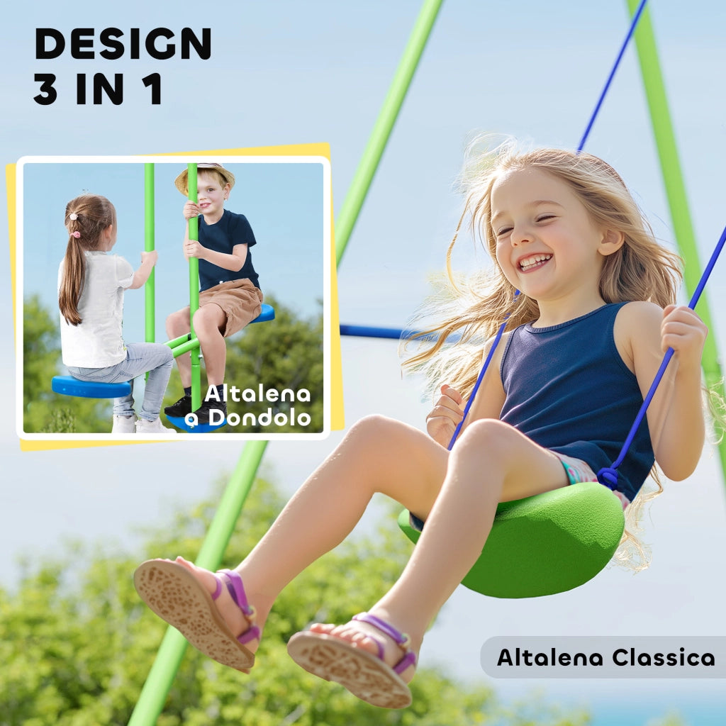 Altalena Doppia con 2 Singole per Bambini ¨C zephmum ¨C Verde Blu Metallo PE 280x140x178 cm