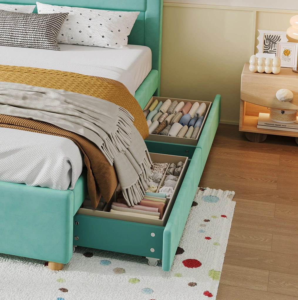 Letto bimbi 140x200 in velluto blu-verde, 4 cassetti, senza materasso –