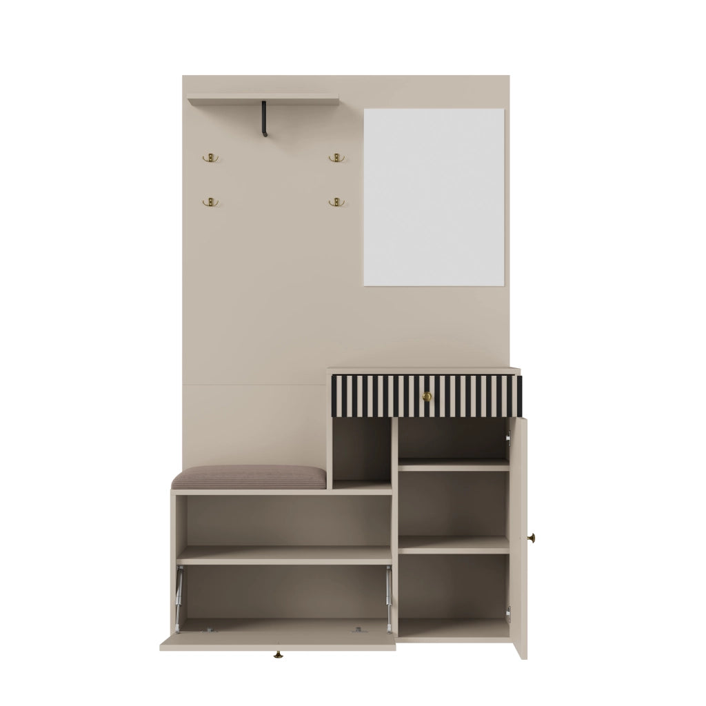 Mobile Ingresso con Specchio; 2 Ante; 1 Cassetto e Ripiani Regolabili; Seduta Imbottita; in MDF; 110??37??185;5 cm; Beige