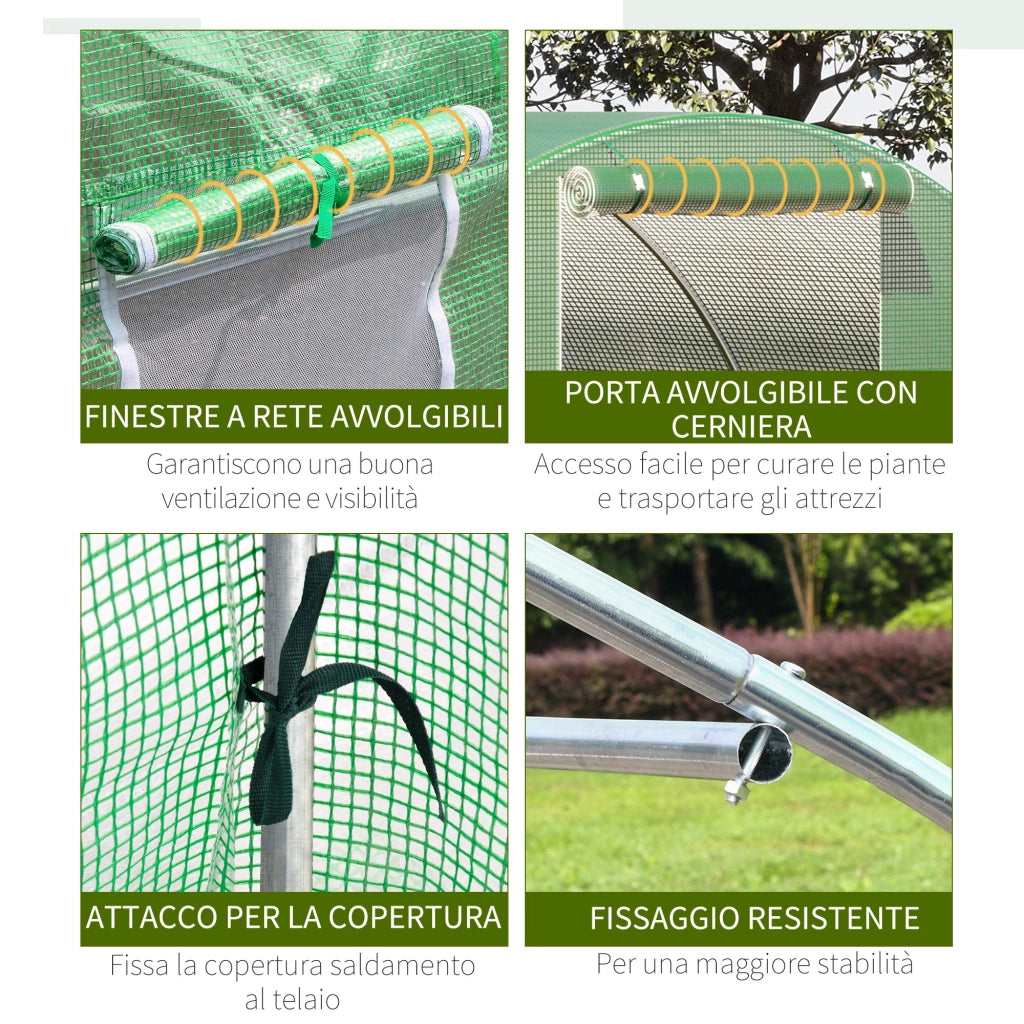 Serra a Tunnel 450x300x200 cm Porta Avvolgibile e 6 Finestre Verde