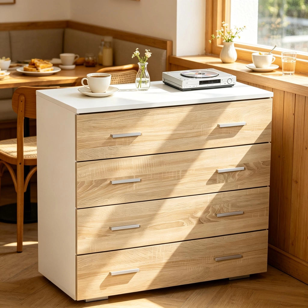 Comò con 4 cassetti e maniglie in metallo, per camera da letto e soggiorno, bianco e legno, 76 × 35 × 72 cm