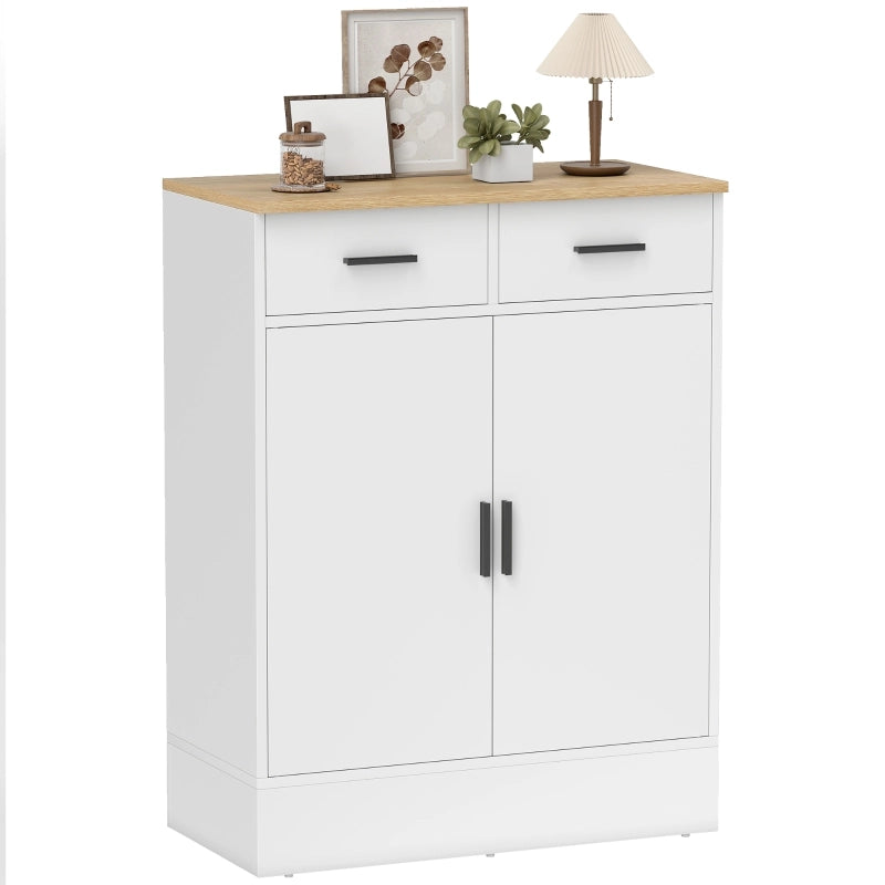 Credenza con 2 cassetti; ripiano regolabile e 2 vani; per soggiorno e cucina; in legno bianco; 68.6×35×90.3 cm