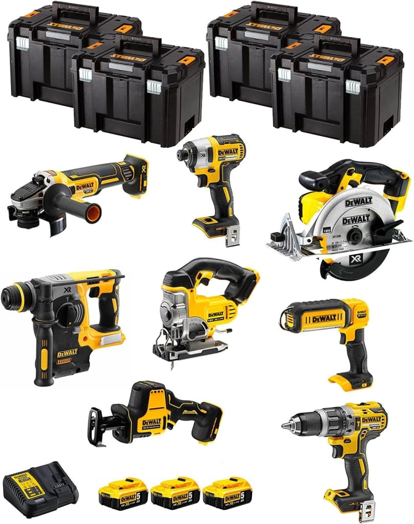 DeWALT Kit DWK804T (DCD796 + DCH273 + DCG405 + DCF887 + DCS331 + DCS369 + DCS391 + DCL050 + 3 Batterie 5,0 Ah + Caricabatterie + 4 x TSTAK VI)