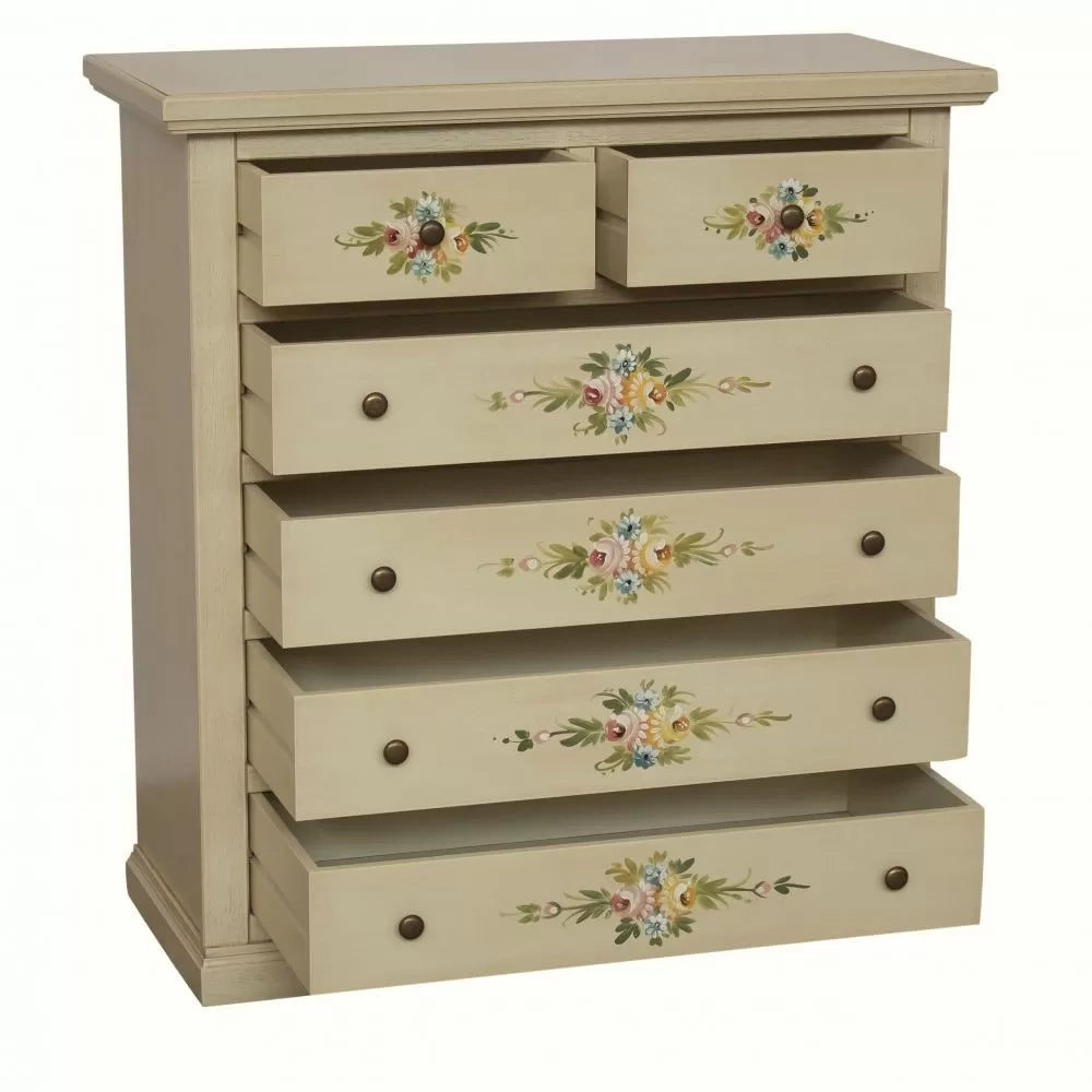 Cassettiera 6 cassetti in legno shabby avorio anticato decorato 86x40x96 - Mobili 2G