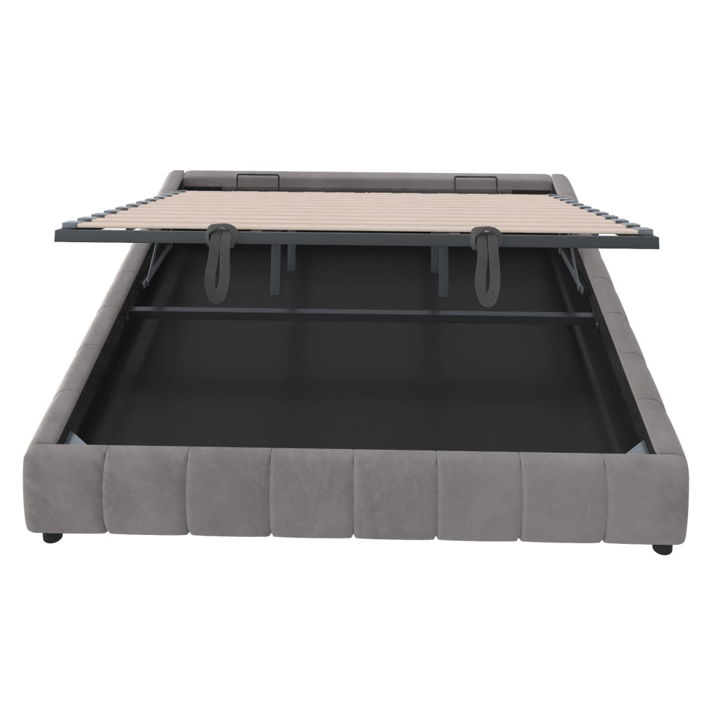 Letto imbottito grigio 180×200 cm con vano contenitore idraulico e luce LED