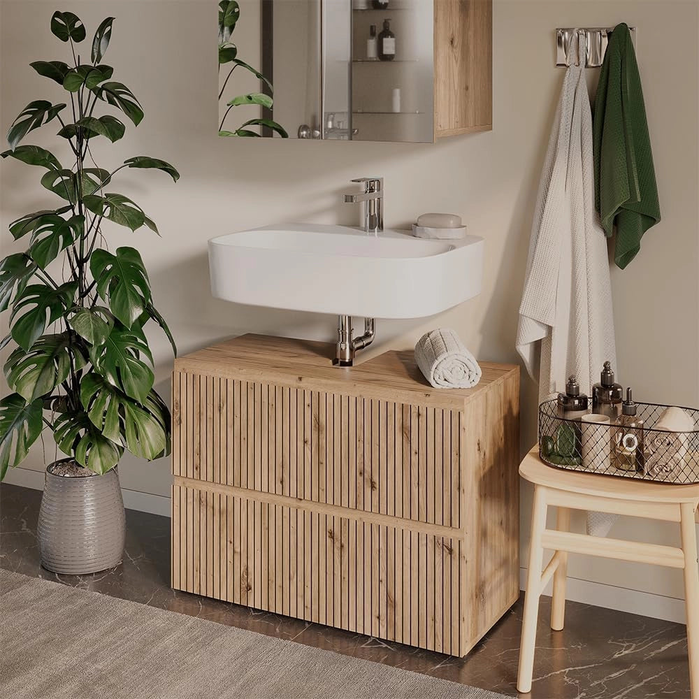 Mobile sottolavabo per bagno Takumi, Artigiano, 80 x 58 cm con 2 cassetti, per la conservazione e l'organizzazione degli accessori da bagno