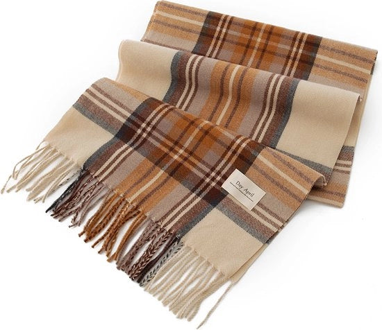 Sciarpa Classica in Faux Cashmere 200x37cm - Sciarpa Inverno Calda e Soffice - Sciarpa Calda e Spessa - Sciarpa Calda e Stilistica - Materiale Faux Cashmere - Stile Unisex - Disegno a Reticolo Marrone e Giallo - 37*200cm