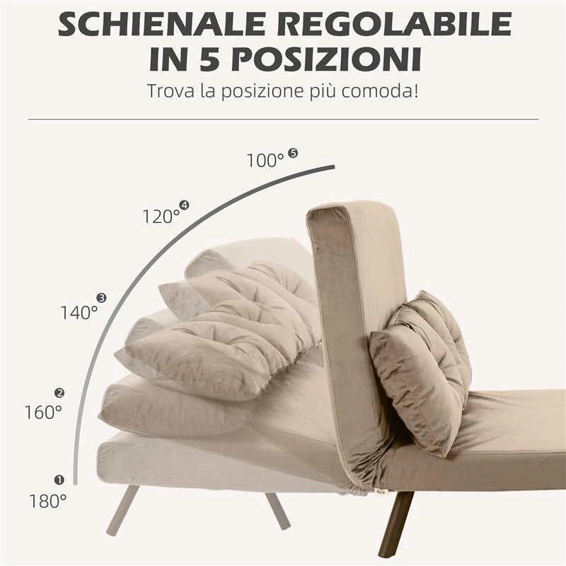 DIVANO LETTO 3 IN 1 IN TESSUTO EFFETTO VELLUTO CON SCHIENALE REGOLABILE E 2 CUSCINI 102X73X81 CM MARRONE CHIARO