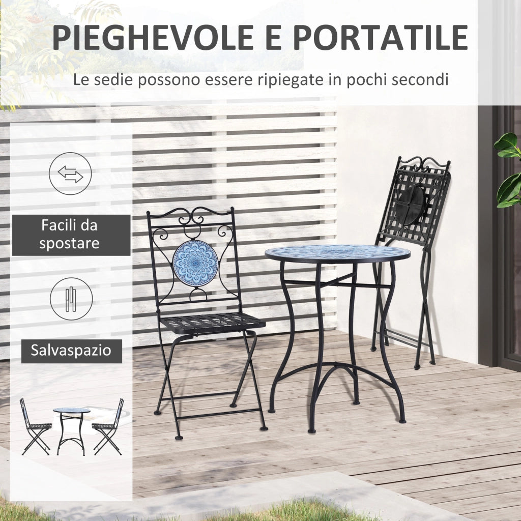 Set da Giardino 3 Pezzi, Tavolino e 2 Sedie Pieghevoli con Mosaico, Blu