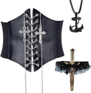 Corset per Donna - Cintura Larga con Cordon - Cinturino Elastico - Accessorio di Costume - Halloween/Cosplay - Materiale PU di Alta Qualità - Altezza del Cordoncino 11,5 cm