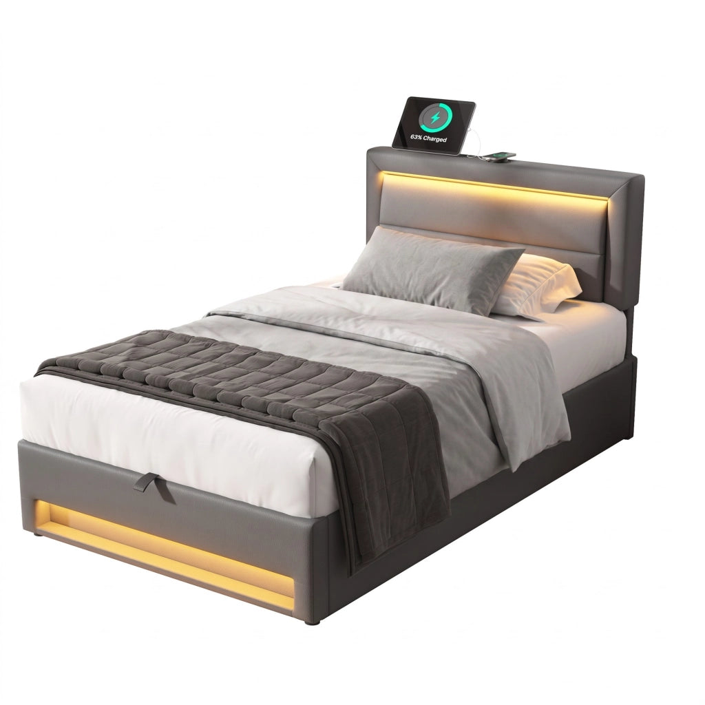 Letto imbottito con USB; LED e contenitore; per materasso 90x190 cm; PU grigio