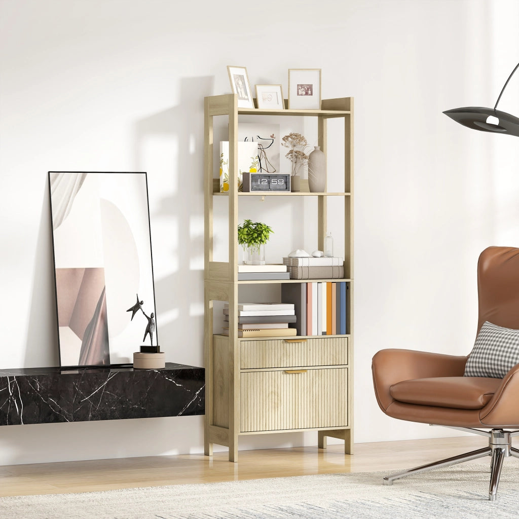 Libreria alta con 4 ripiani aperti e 2 cassetti ¨C Xylo ¨C legno naturale 60x30x160 cm