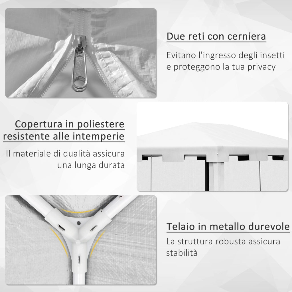 Gazebo da Giardino 4x3 m con Zanzariera e 2 Ingressi, in Metallo e PE, Bianco e Nero