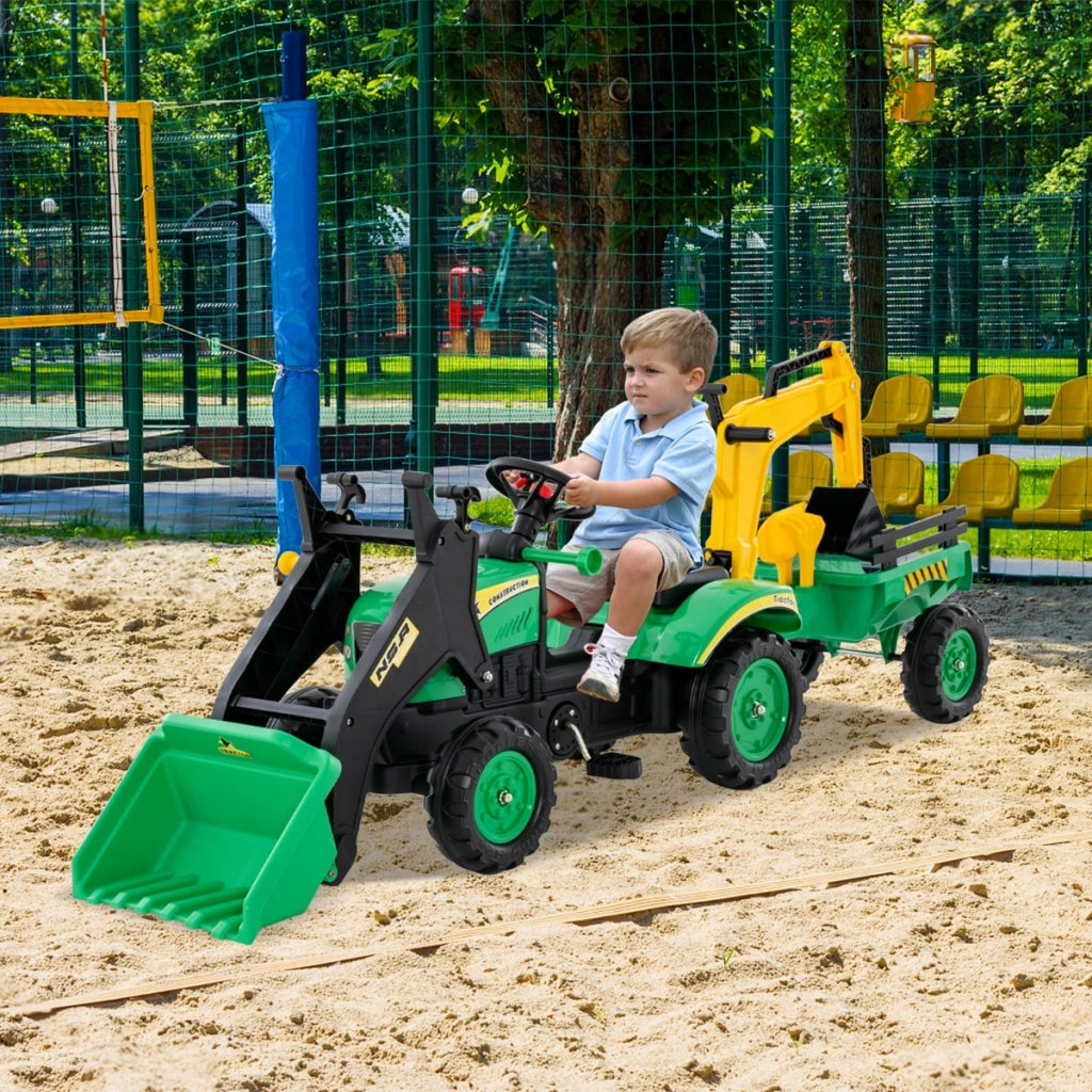 Escavatore a pedali per bambini con 6 ruote rimorchio staccabile e 2 benne, Escavatore a pedali ruspa per bambini 3-6 anni Verde-Macchinine giocattoli