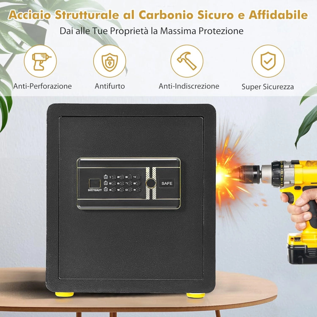 Cassaforte Elettronica, Cassetta di Sicurezza con Tastierino Numerico Digitale, con 2 Chiavi, 2 Chiavi di Emergenza, Ripiano Rimovibile e Sistema di Allarme, 36 x 31 x 41 cm