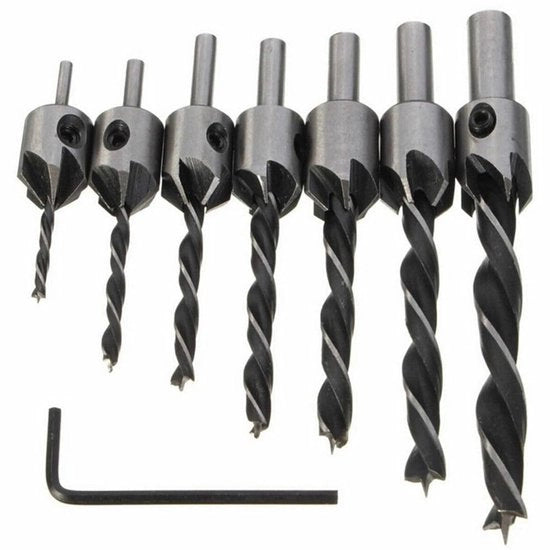 Set di fori HSS per rifilatura di legno con 7 pezzi da 3-10 mm con chiave in acciaio inox grigio argento