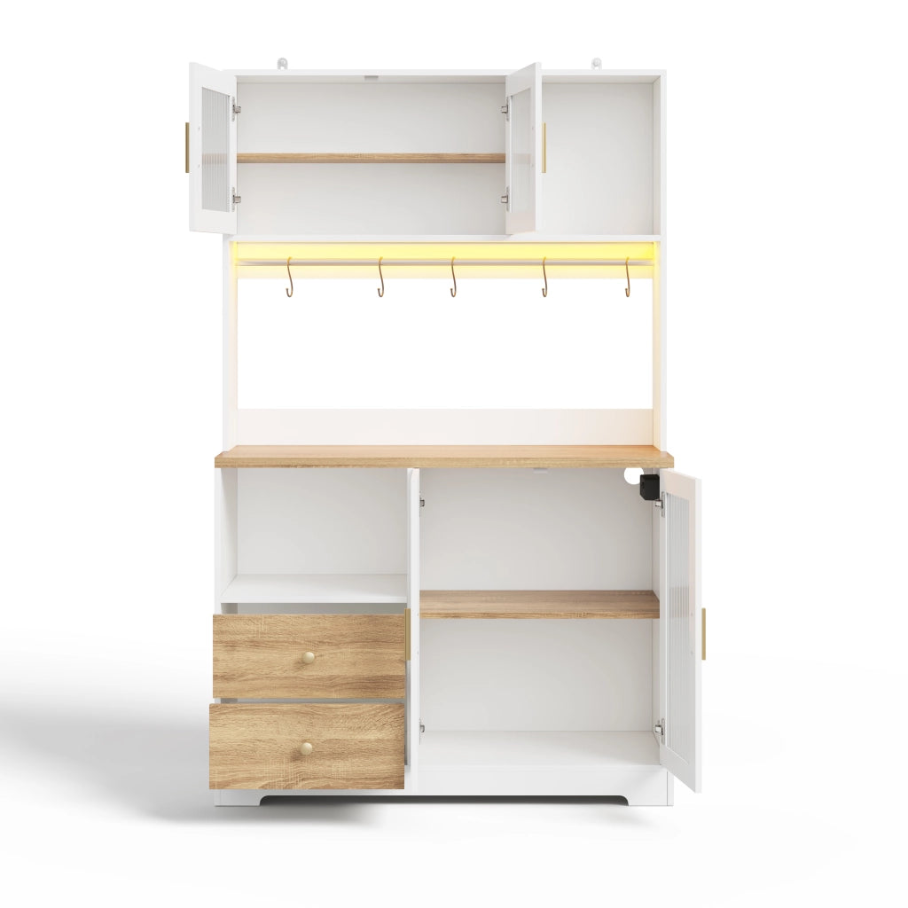 Credenza alta da cucina con LED, prese USB e ante in vetro temperato, bianco effetto legno, 110x40x178 cm