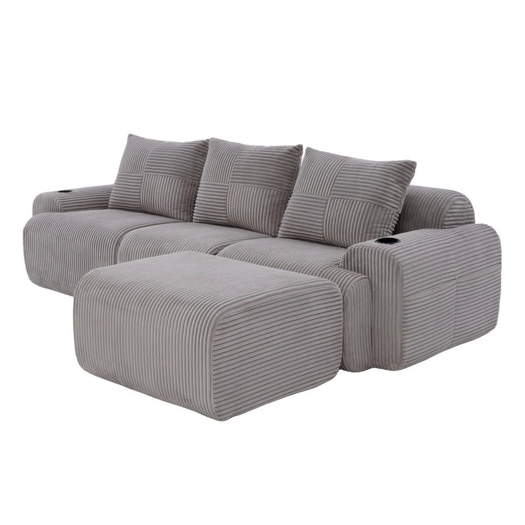 Divano modulare 3 posti corduroy grigio chiaro con porta lattine e tasca laterale
