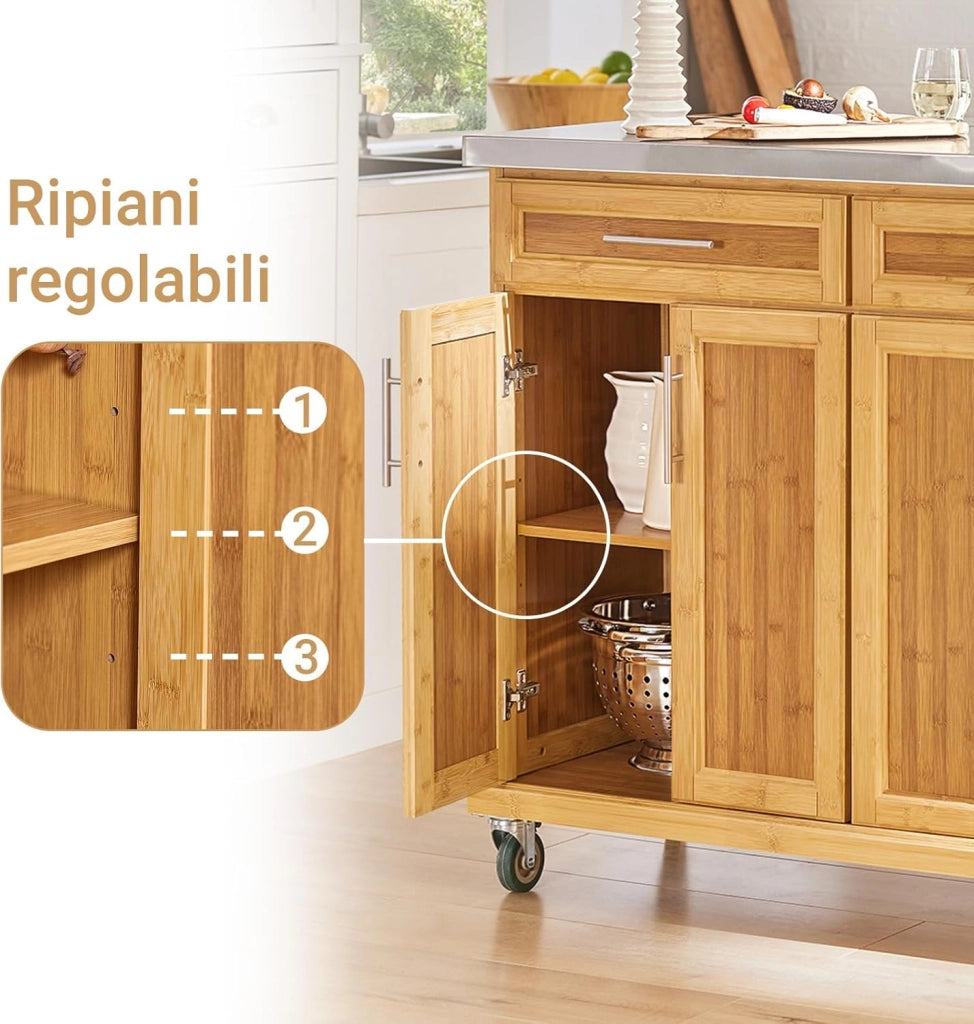 Carrello Cucina con Ruote Isola Cucina con Piano di Lavoro Estensibile, 2 Cassetti e Ripiani Regolabili Mobile Salvaspazio per Mobili da Cucina Naturale 115 x (46-71) x 92 cm FKW69-N