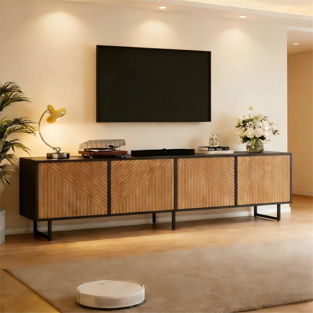 Mobile TV con 4 Ante per Soggiorno ¨C Xylo ¨C Legno Naturale e Nero, 180x40x50 cm