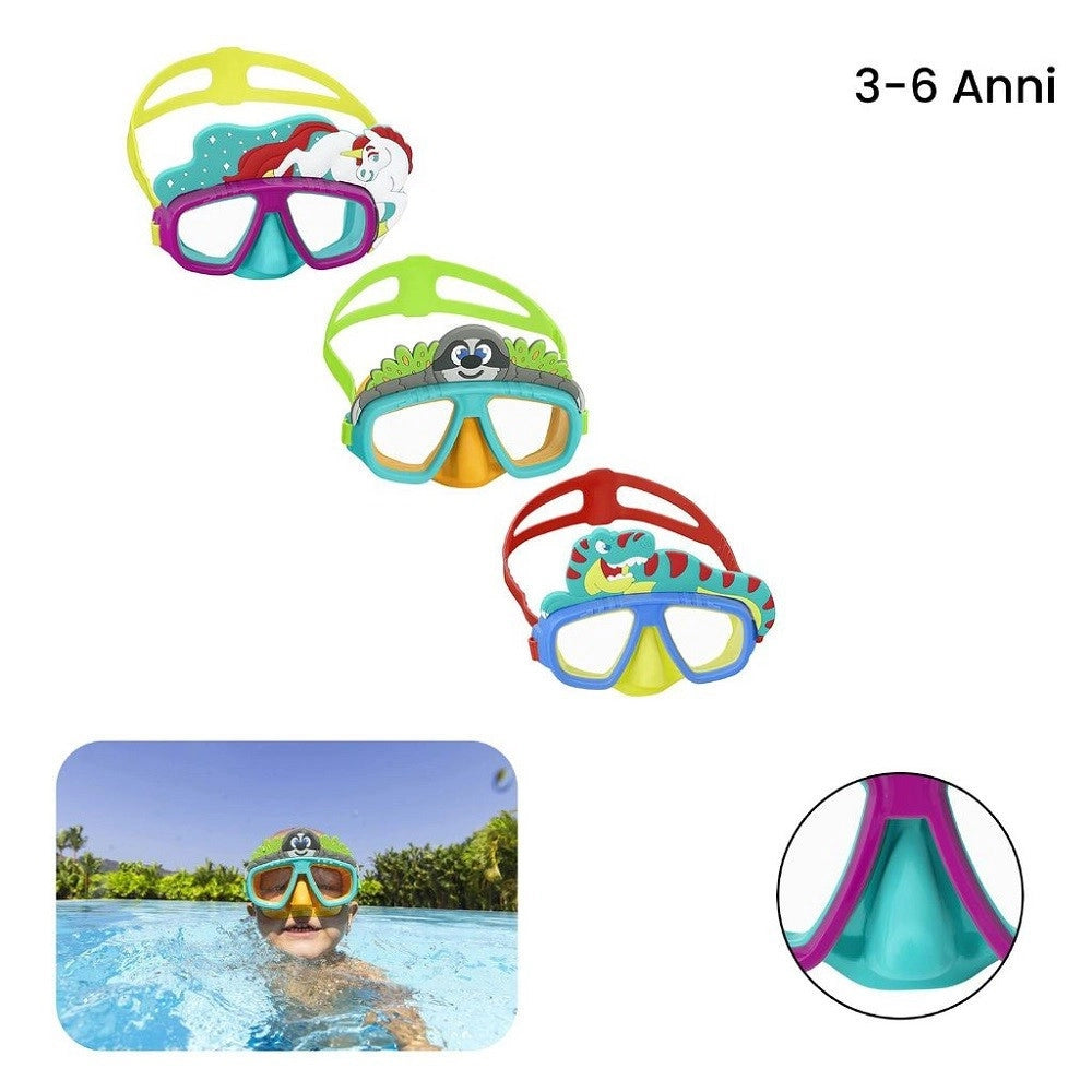 Trade Shop - Maschera Subacquea Per Bambini Con Animaletti 3+ Anni 3 Fantasie Assortite 22064 -