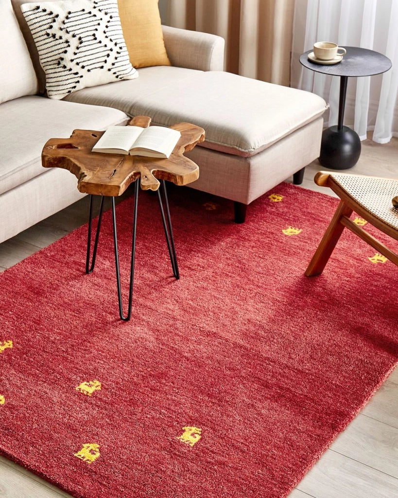 Tappeto Gabbeh di lana rossa fatto a mano con motivo animale 140 x 200 cm stile boho soggiorno camera da letto