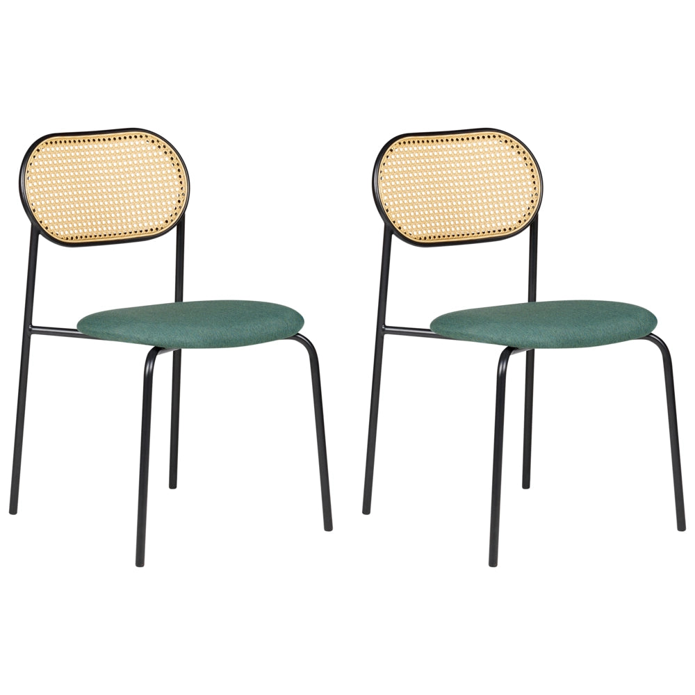 Set di 2 sedie da pranzo con seduta in tessuto e struttura in metallo nero con effetto legno intreccio viennese stile retrò soggiorno