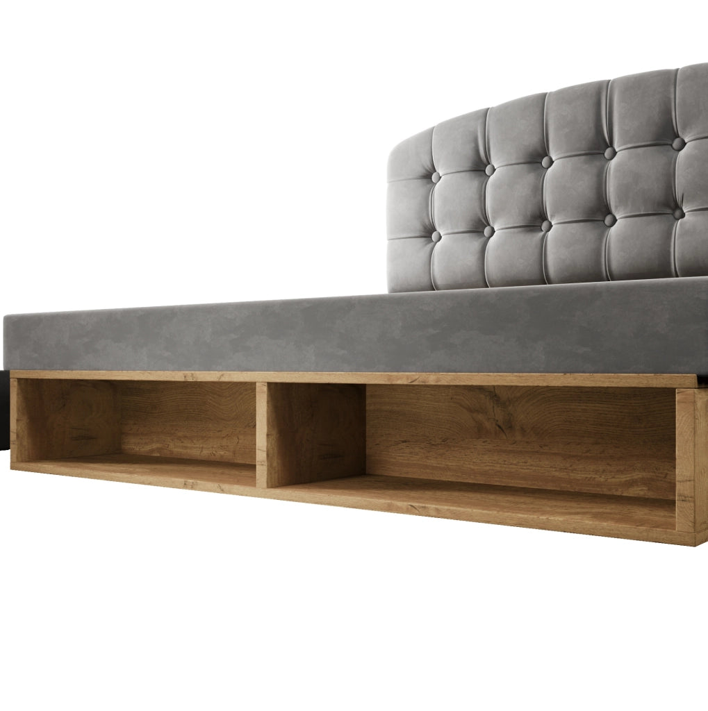Letto imbottito 140x190 cm con testiera regolabile e cassetti; rete a doghe; velluto grigio