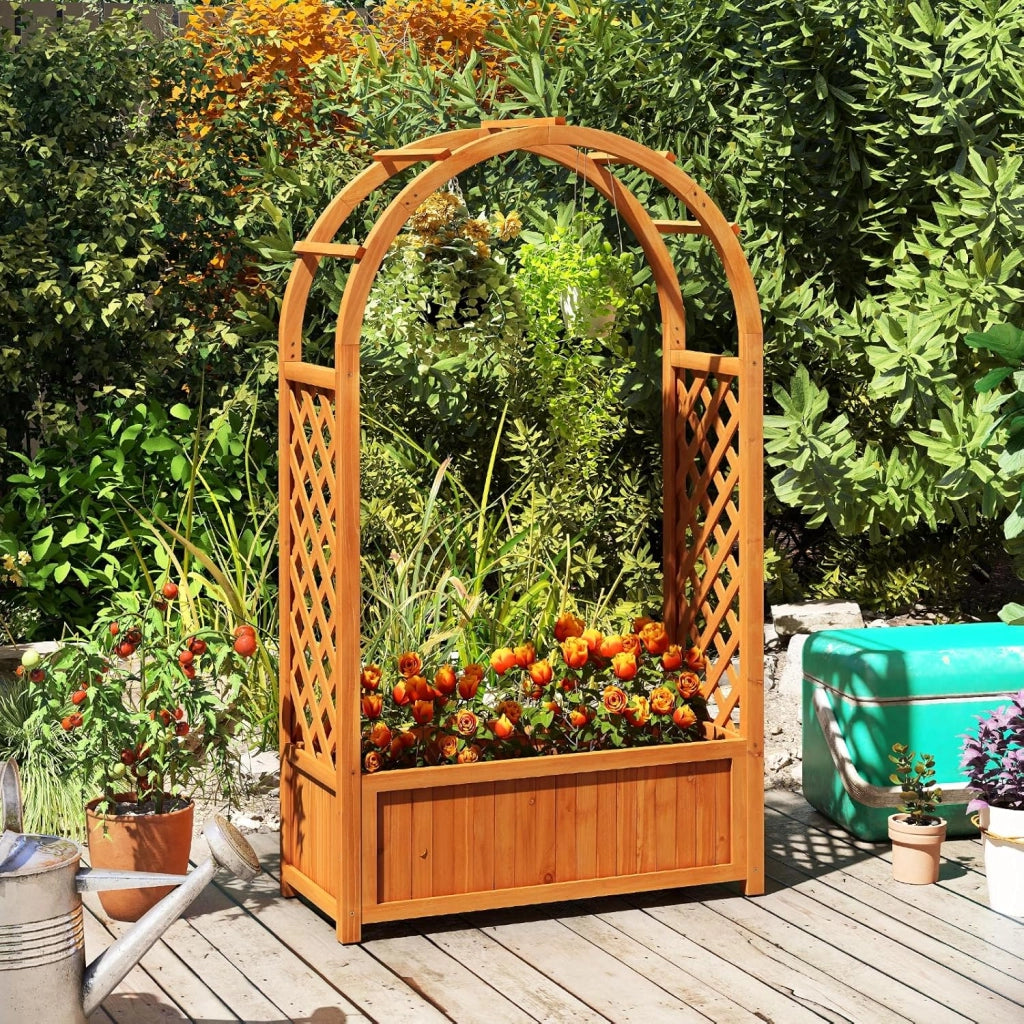 Letto da Giardino Rialzato in Legno, Orto Rialzato Verticale con Griglia, Tetto Curvo, Fodera e Drenaggio, Fioriera Grande per Cortile, Giardino e Patio, 83 x 36 x 146 cm