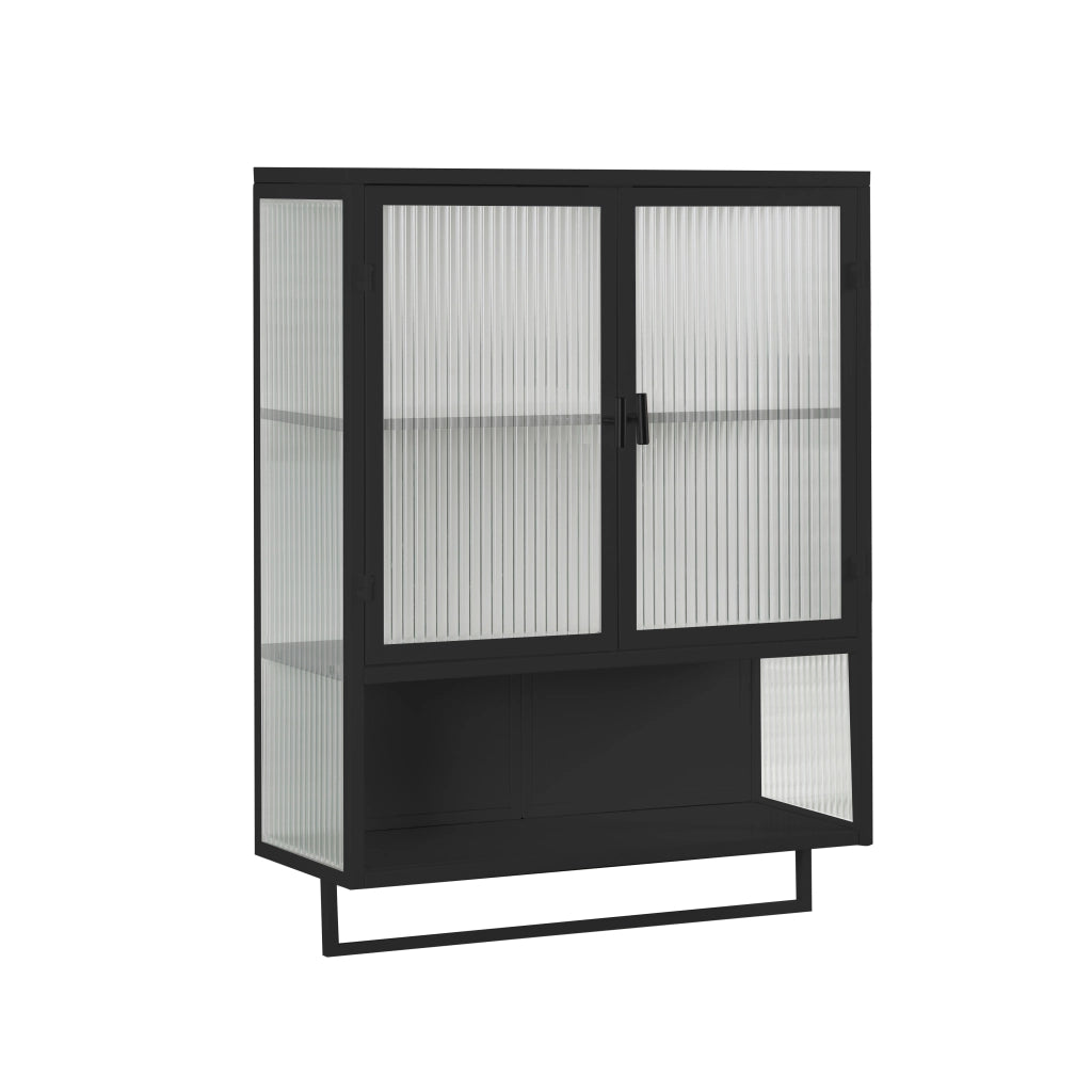 Pensile con 2 Ante; 1 Ripiano Aperto e Portasciugamani per Bagno in Metallo 60 × 23 × 78 cm Nero