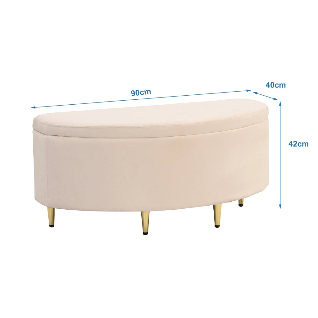 Ottomana contenitore in velluto beige 90 x 40 x 42 cm, panca imbottita con ampio spazio di stoccaggio e montaggio semplice