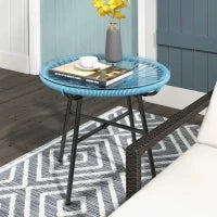 Tavolino Basso Rotondo da Giardino in Resina Effetto Rattan, Metallo e Piano in Vetro Temperato, Ø 50 x 50H cm, Blu