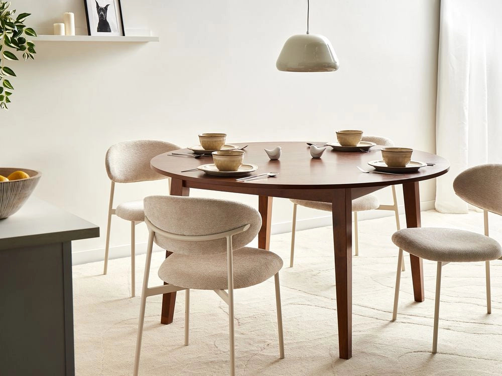 Tavolo da pranzo marrone scuro MDF impiallacciato rovere Base in legno di gomma 140 cm Piano del tavolo rotondo Moderno