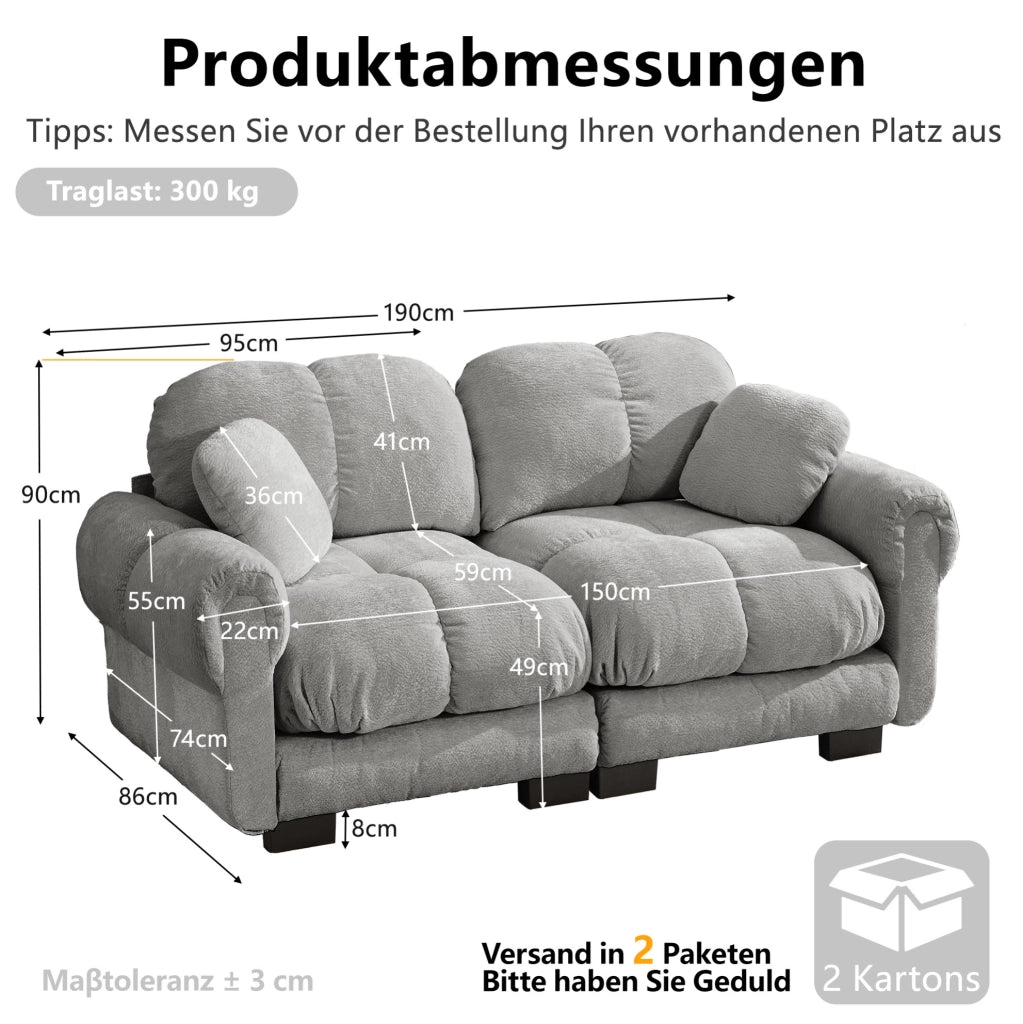Divano 2 posti in Chenille grigio chiaro con cuscini spessi e design modulare per soggiorno