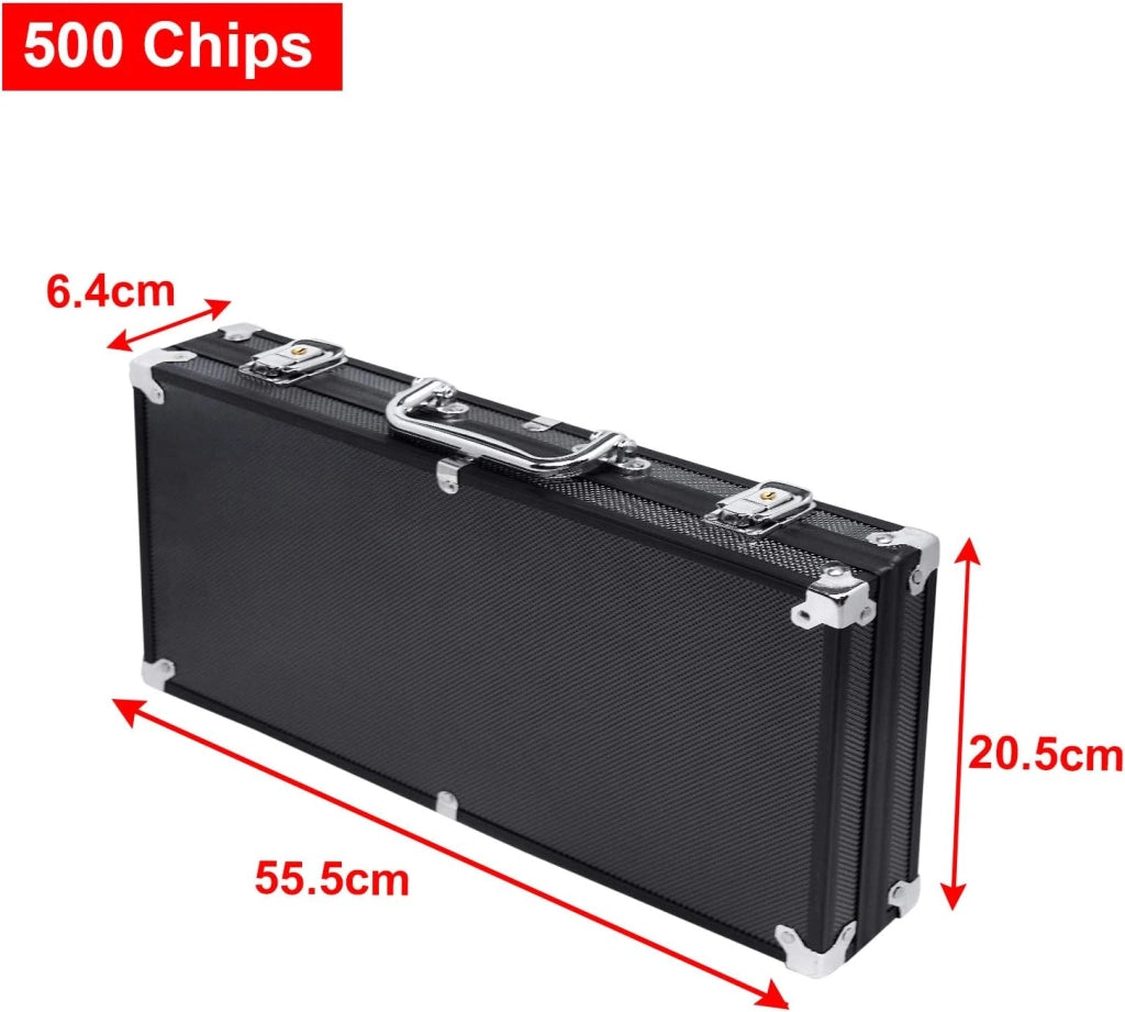 Set da poker da poker da 500 chip, con 500 chip da poker laser, 2 pazzi da poker, 3 bottoni per dealer e 5 dadi con valigetta in alluminio, nero