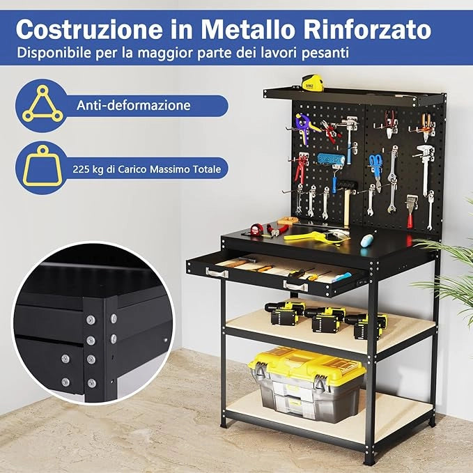 Banco da Lavoro con Piano da 80 x 40 cm, Banco da Lavoro Officina con Pannello Forato e 20 Ganci Porta Attrezzi, Tavolo da Lavoro per Garage con Cassetto e 2 Mensole (Nero)