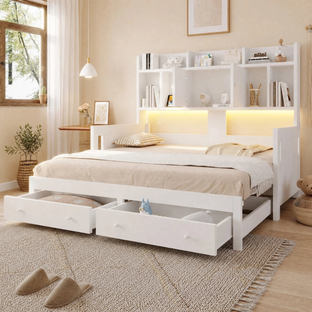 DIVANO LETTO ESRAIBILE 90x190 cm Legno Bianco con cassetti e vani