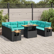 Set Divani Giardino 10pz con Cuscini Nero in Polyrattan Acacia