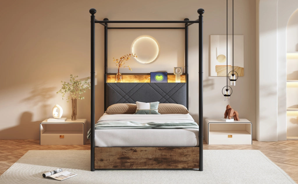 DESMIU Letto singolo 90 × 190 cm 1 posto con LED, USB, Type-C e 2 cassetti, senza materasso, nero