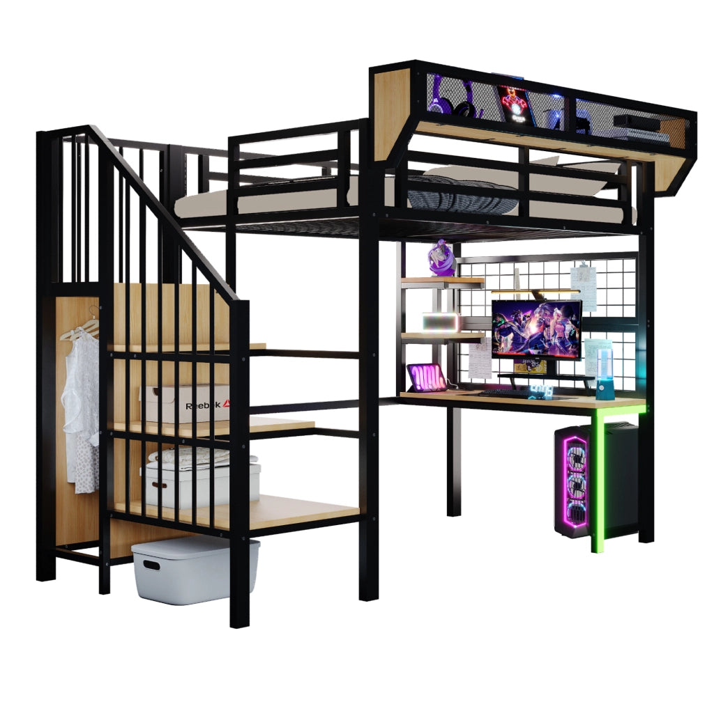 Letto a soppalco in metallo 90x200 cm nero con scrivania; ripiani; LED e prese